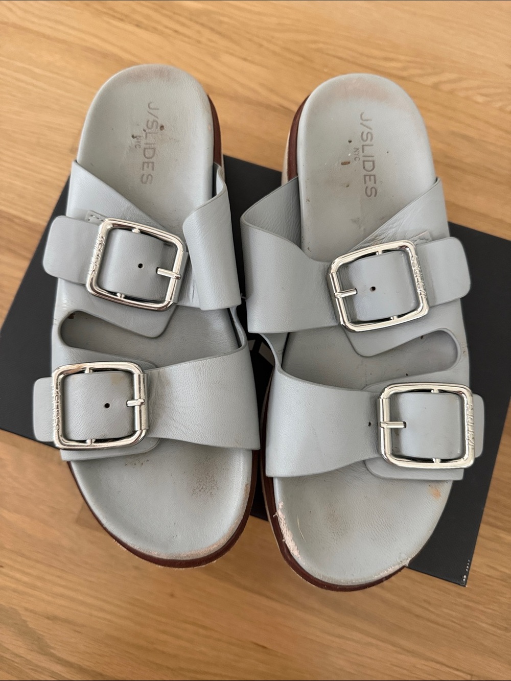 J/SLIDES Women's Double Buckle Slide Sandals in Light Gray/blue size 10